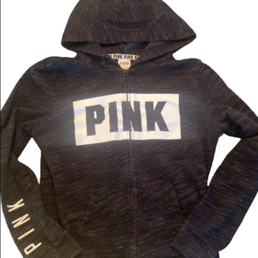 PINK Victorias Secret Hoodie Small Black Logo Sweatshirt Zip Up P…
